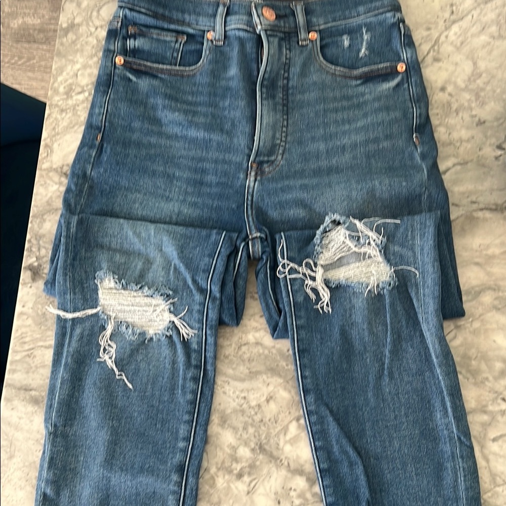 Distressed Blue Denim Jeans/ Super high rise/slim ankle